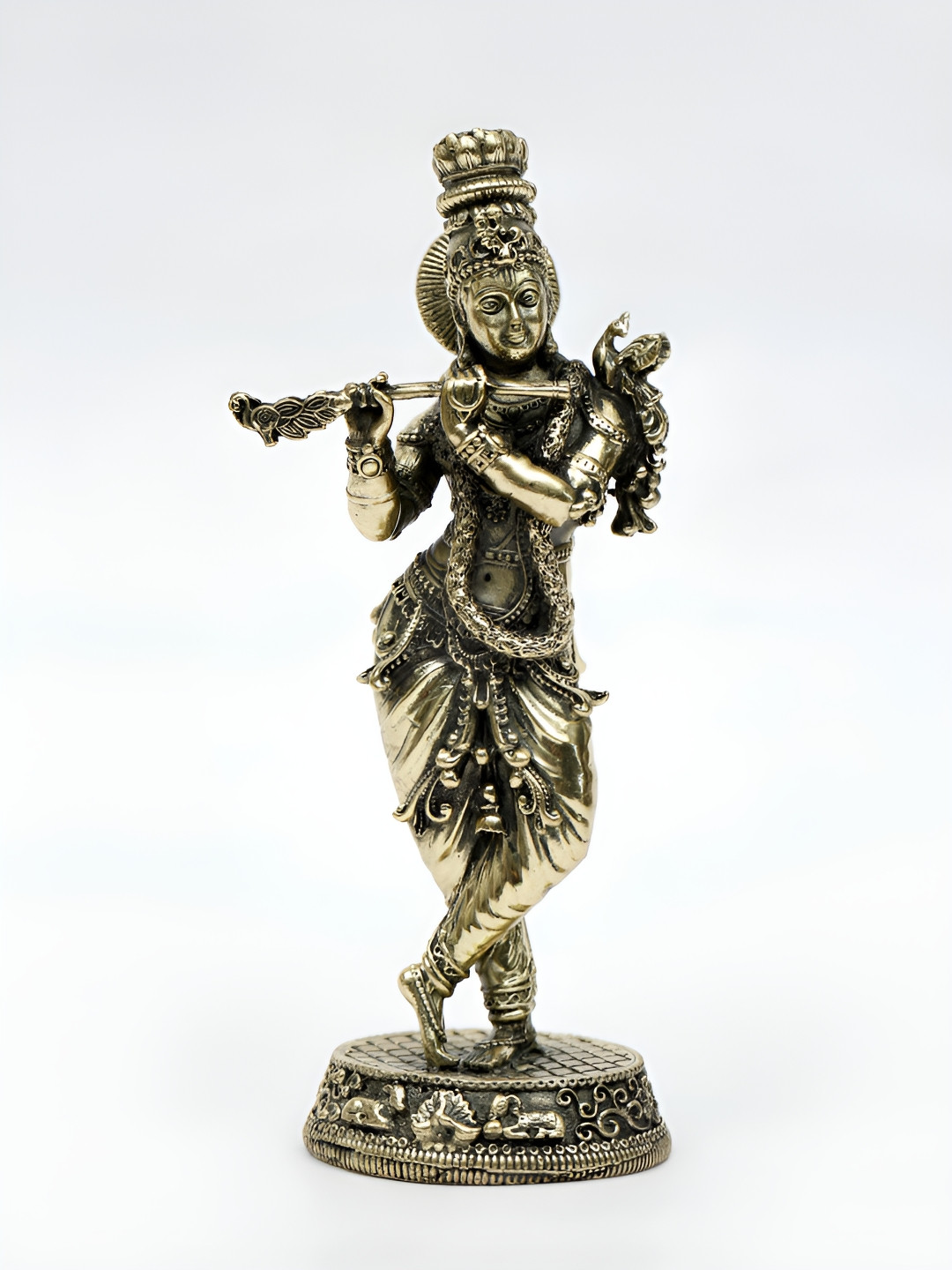 Exotic India Fluting Lord Krishna Gold Brass Metallic Living Room Small Showpiece - 2 Inches