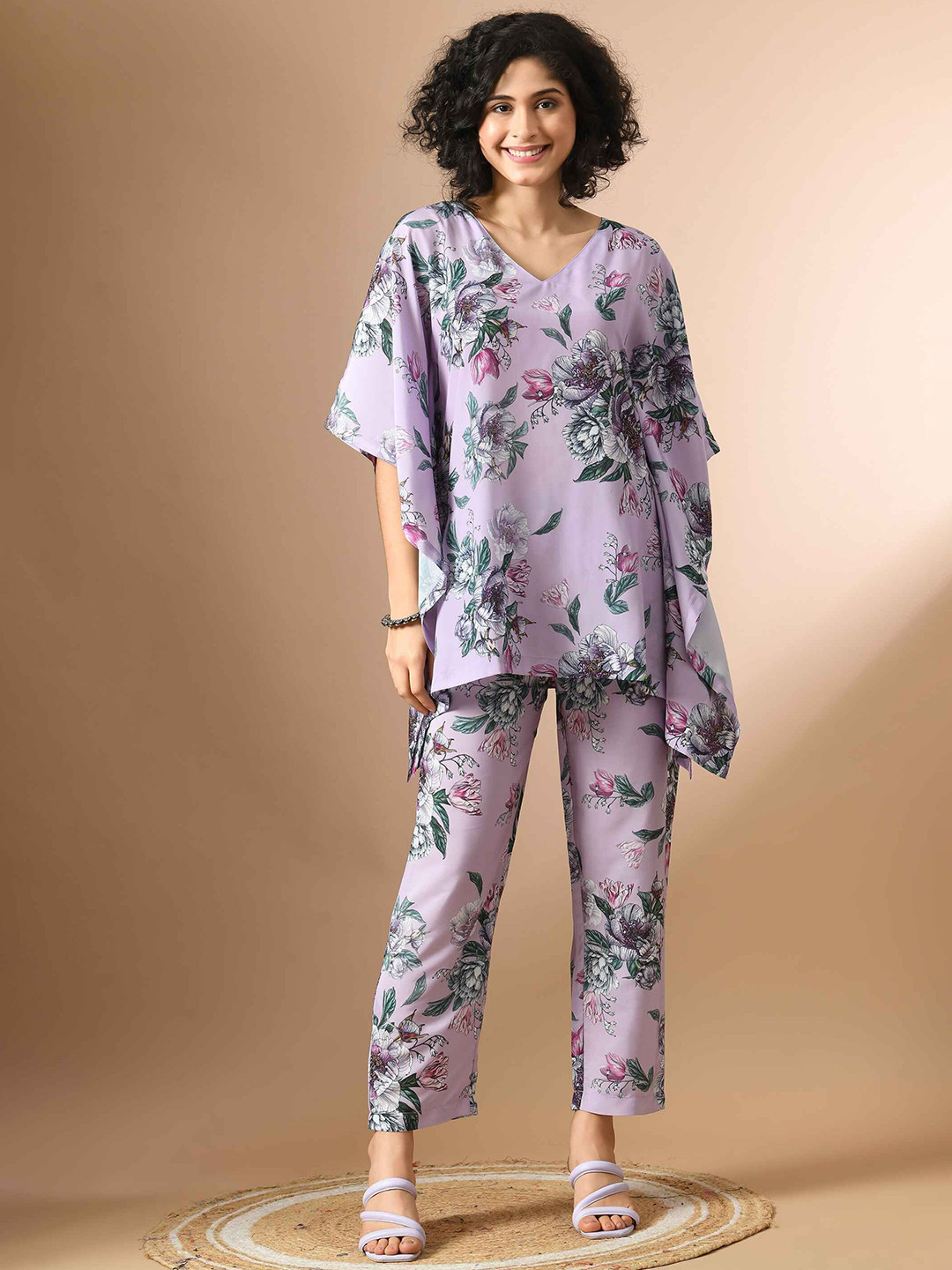 Sangria Purple and Green Floral Printed Kaftan Top With Trousers Co-Ords