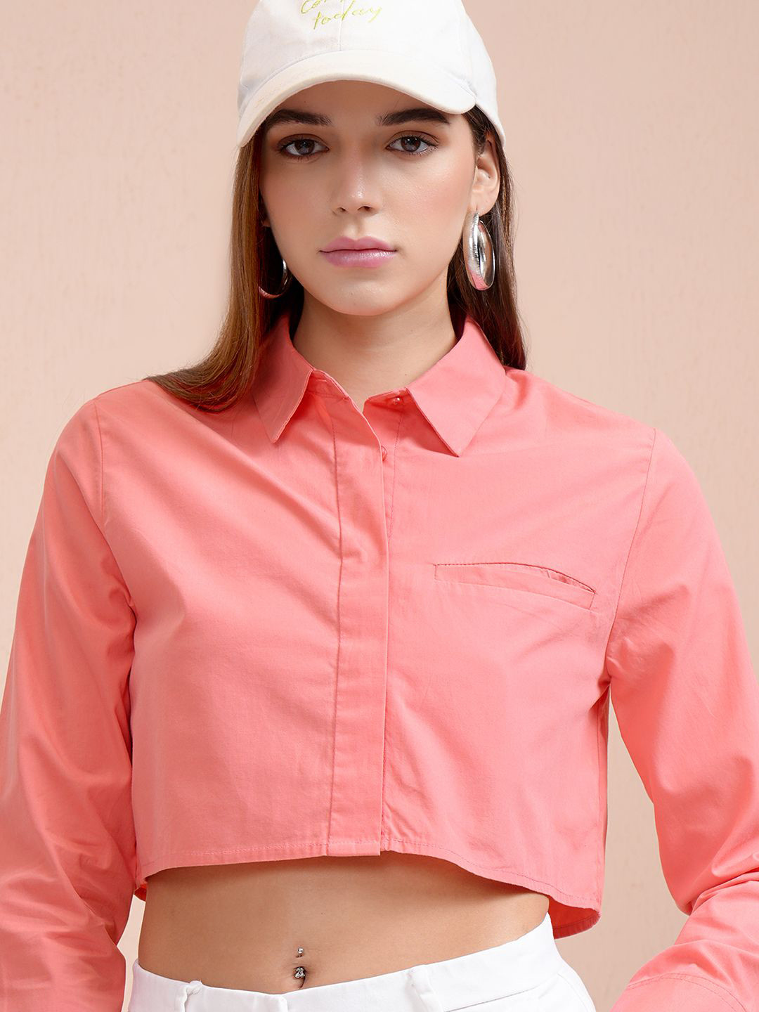 Tokyo Talkies Women Mock Pocket Crop Shirt