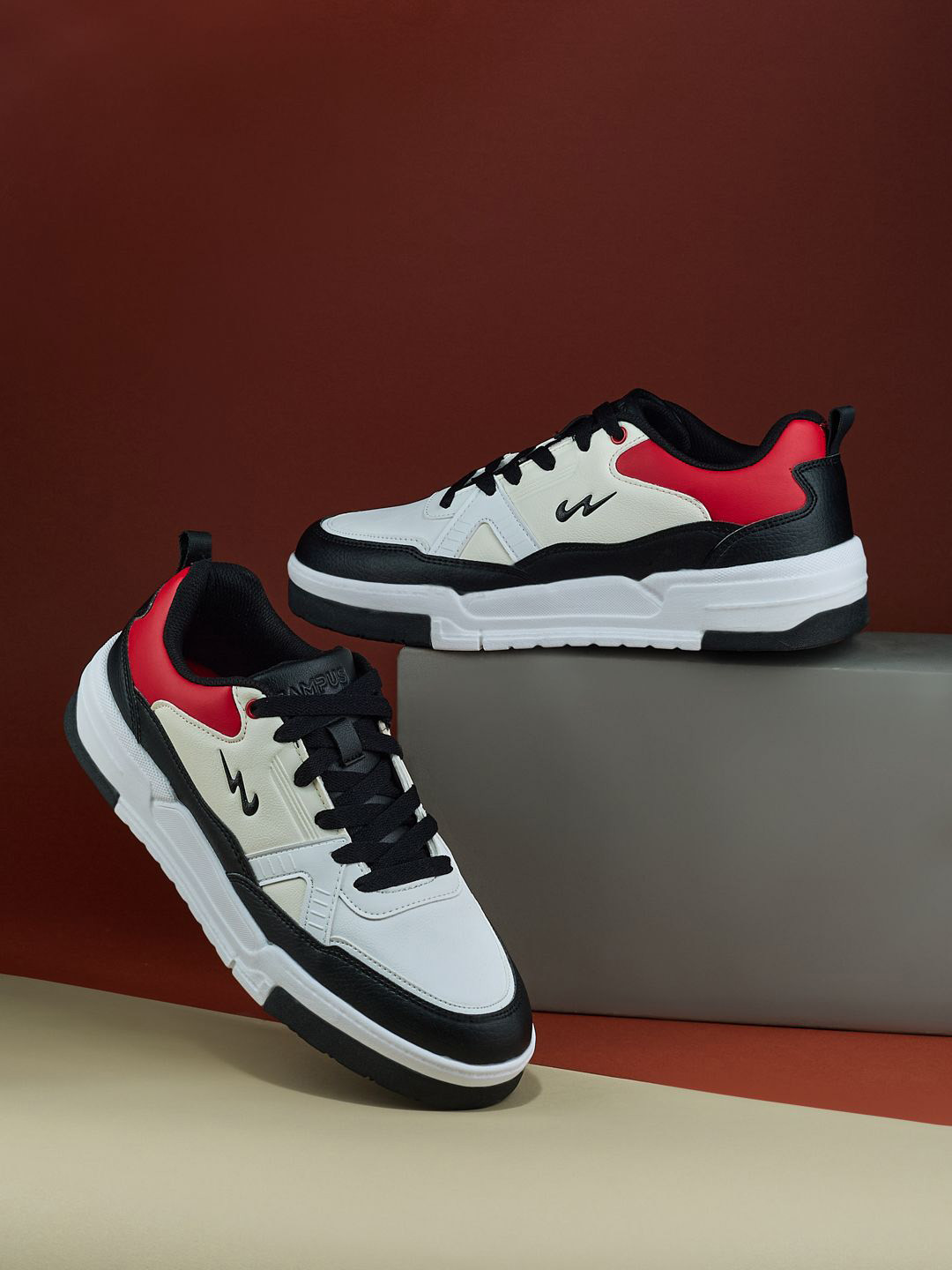 Campus Men OG-27 White and Black PU Lace-Ups Casual Sneakers