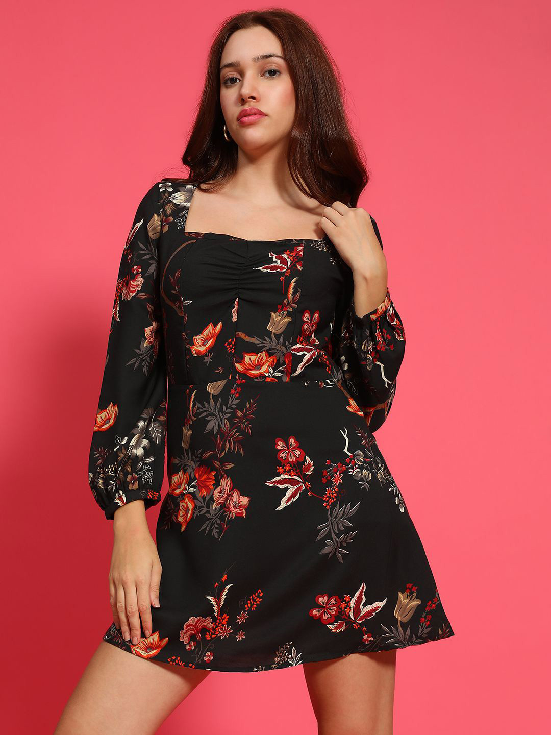 Oxolloxo Floral Printed Square Neck Long Sleeve Above Knee Length Fit and Flare Dress