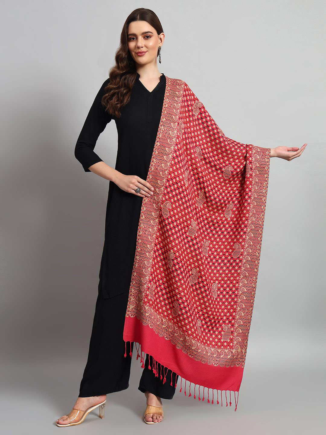 HANDICRAFT PALACE Women Checked Woven Design Casual Stole With Tasselled