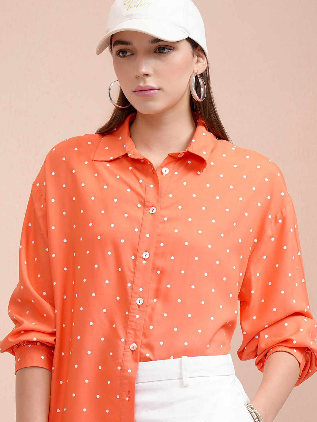 Tokyo Talkies Women Printed Drop Shoulder Button Down Oversized Shirt