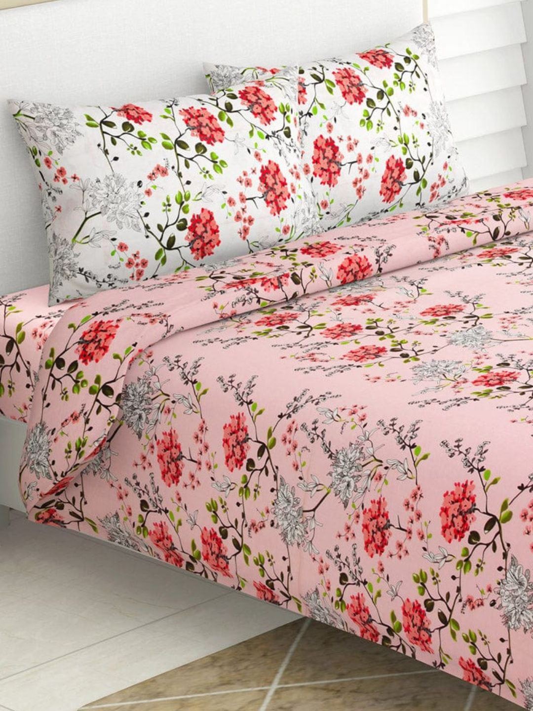 haus & kinder Pink & Green Floral Printed Cotton 186 TC King Bedsheet Set 1.99 m x 1.83 m