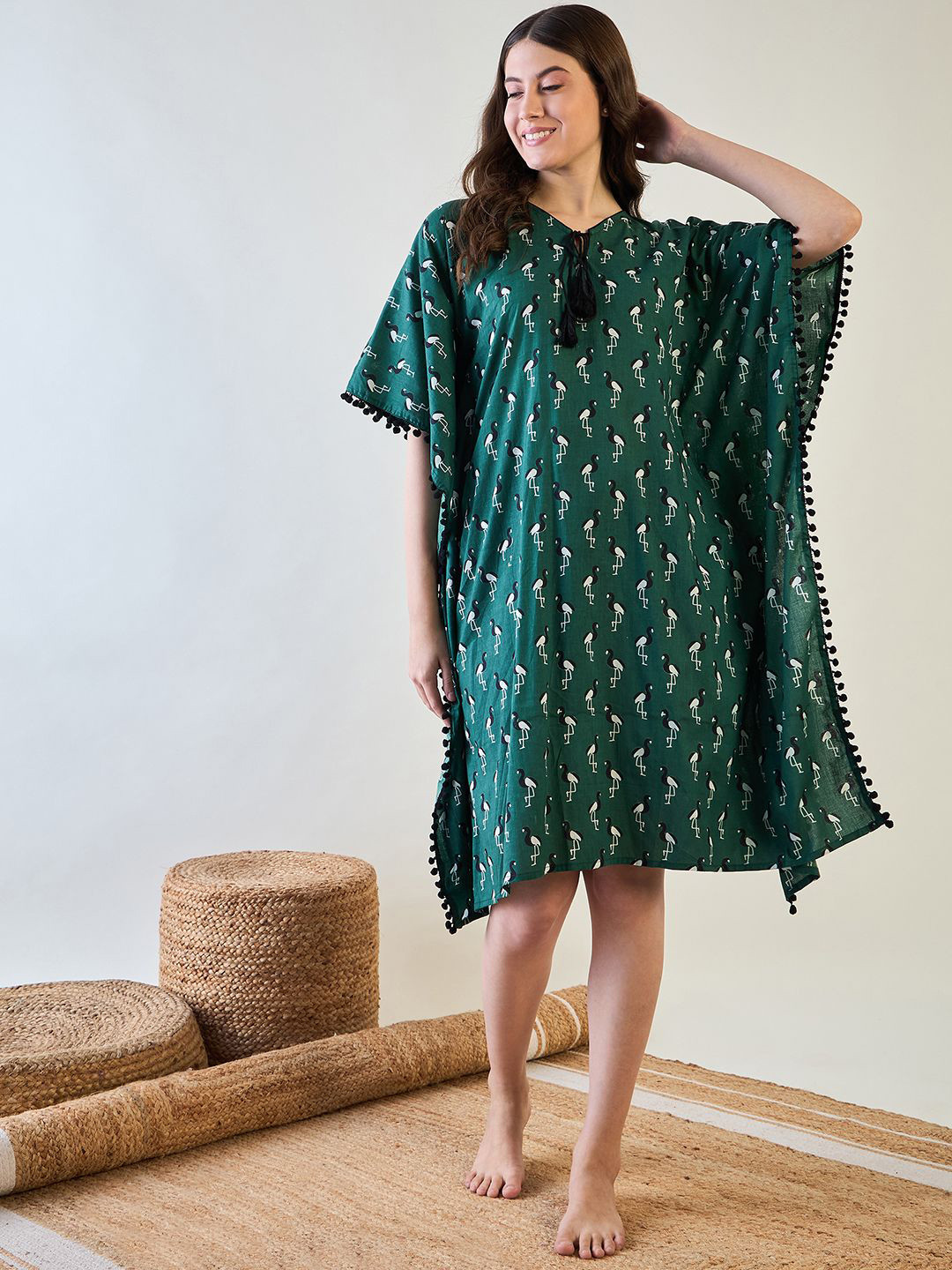 The Kaftan Company Women Cotton Green Printed  and Pom-Pom Trim Nightdress