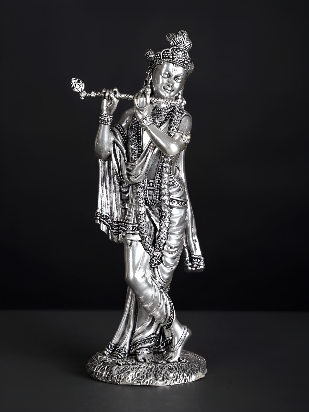 Exotic India Lord Krishna Playing Flute Silver Metallic Prayer Room Small Showpiece - 5.9 Inches