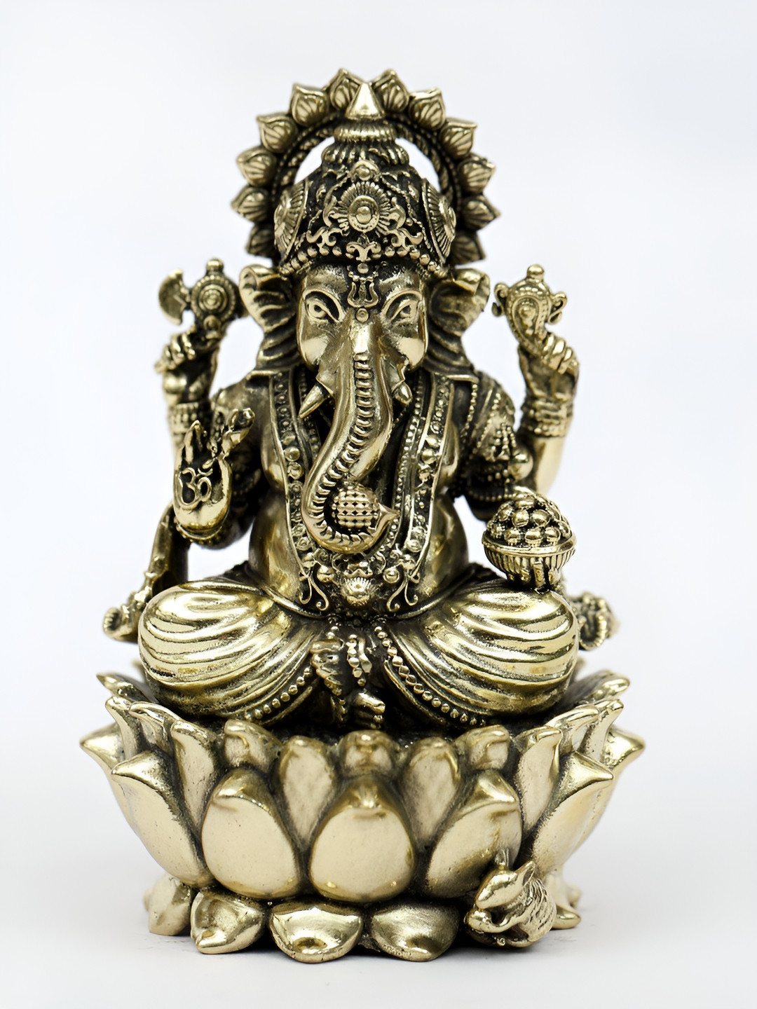 Exotic India Four-Armed Blessing Lord Ganesha Seated On Lotus Gold Brass Metallic Prayer Room Small Showpiece - 2.7 Inches