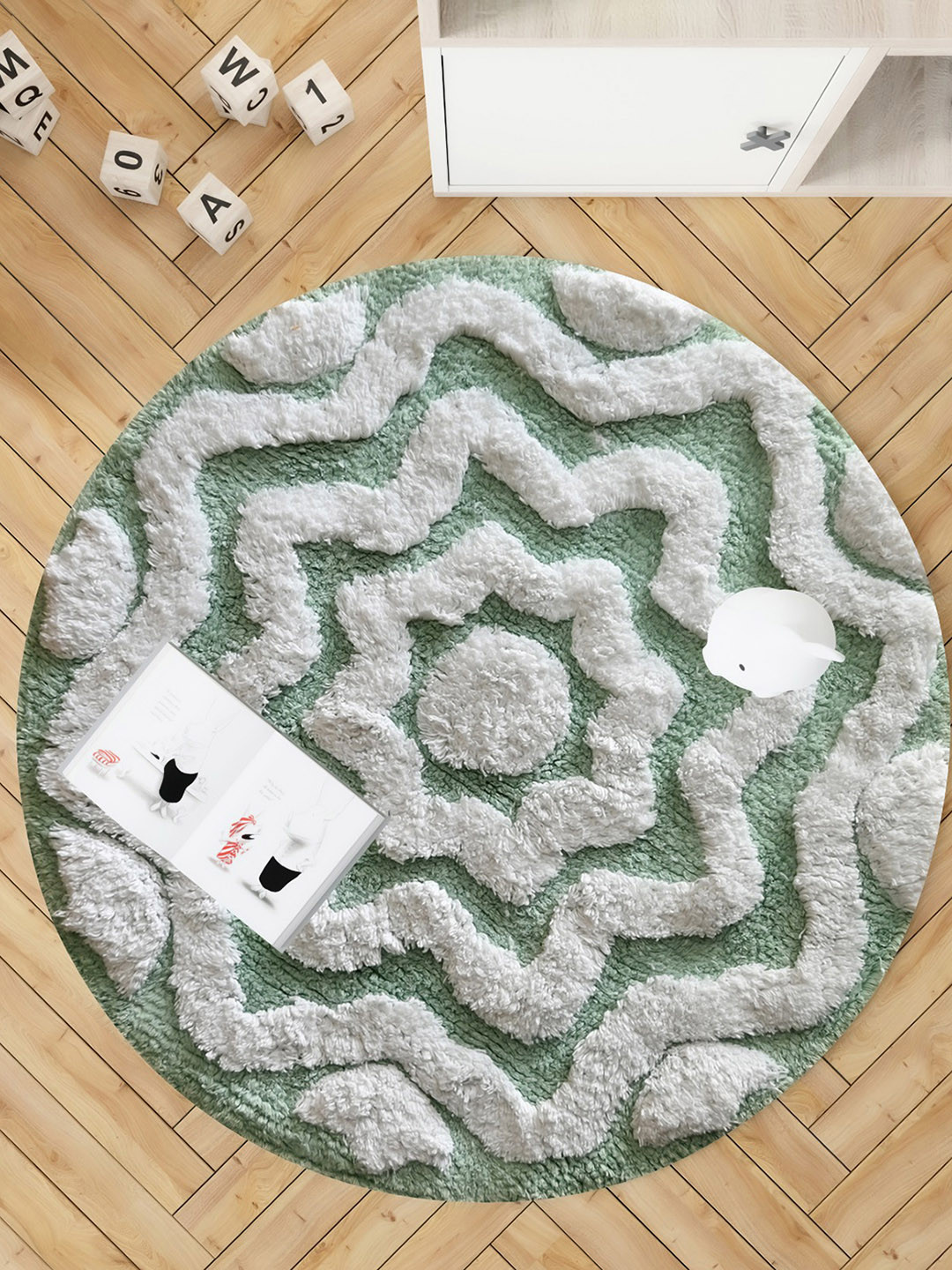 INDIAN HOME FAB Green and White Patterned Pure Cotton 1850 GSM Bath Rugs