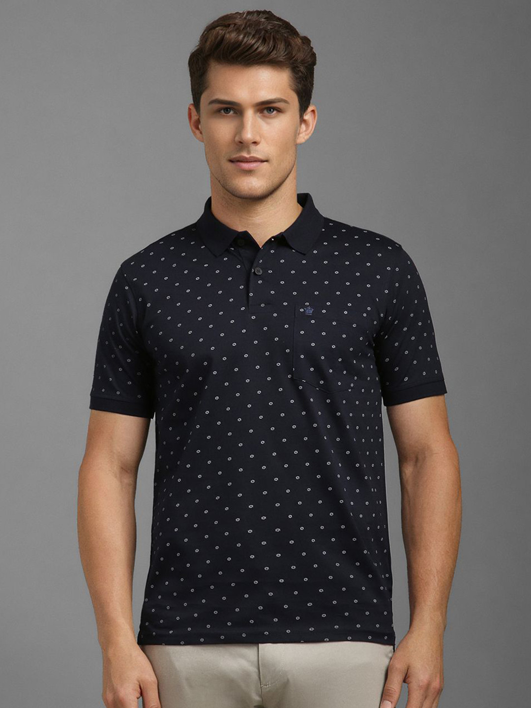 Louis Philippe Men Polka Dots Printed Polo Collar Cotton T-shirt