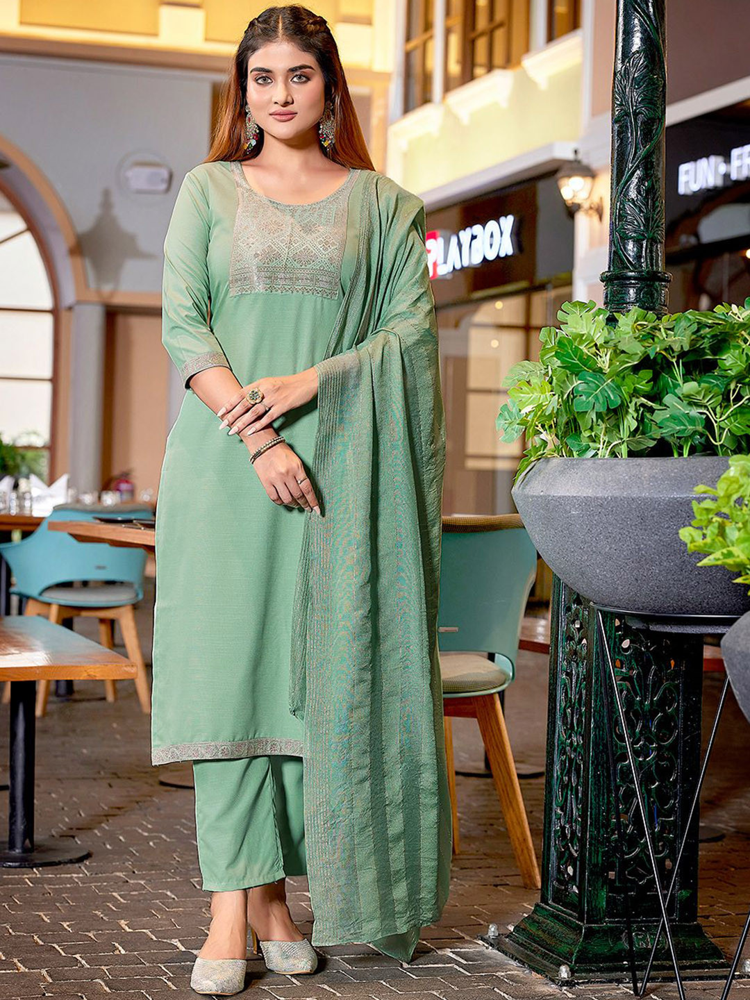 Royal Export Yoke Design Zari Straight Kurta with Trousers & Dupatta