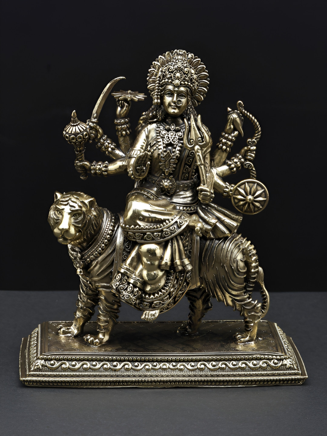 Exotic India Superfine Eight Armed Goddess Durga Gold Brass Metallic Prayer Room Small Showpiece - 2.8 Inches