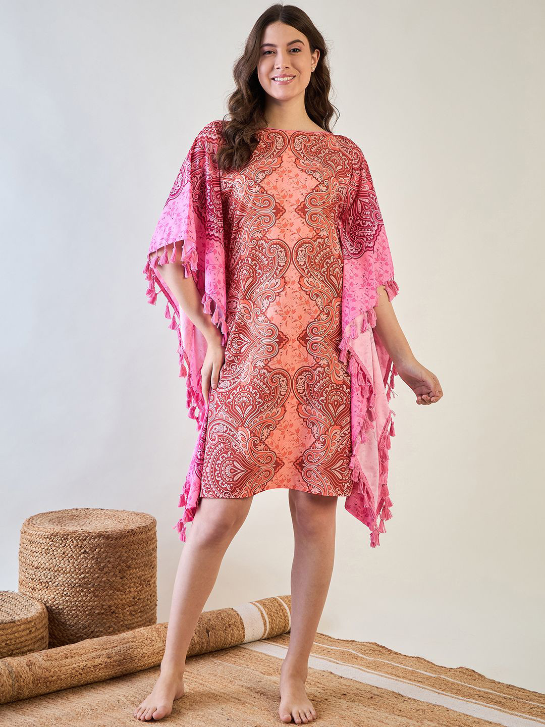 The Kaftan Company Women Pink Printed Above Knee Nightdress