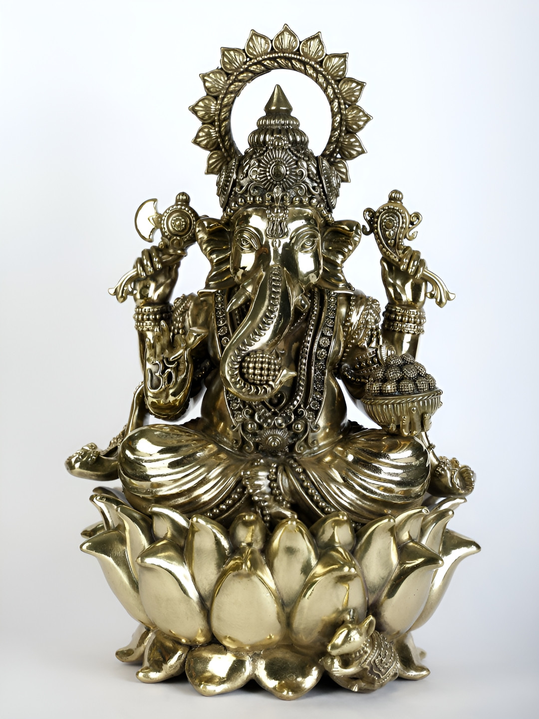 Exotic India Four-Armed Blessing Lord Ganesha Seated on Lotus Gold Brass Metallic Prayer Room Medium Showpiece - 12.7 Inches
