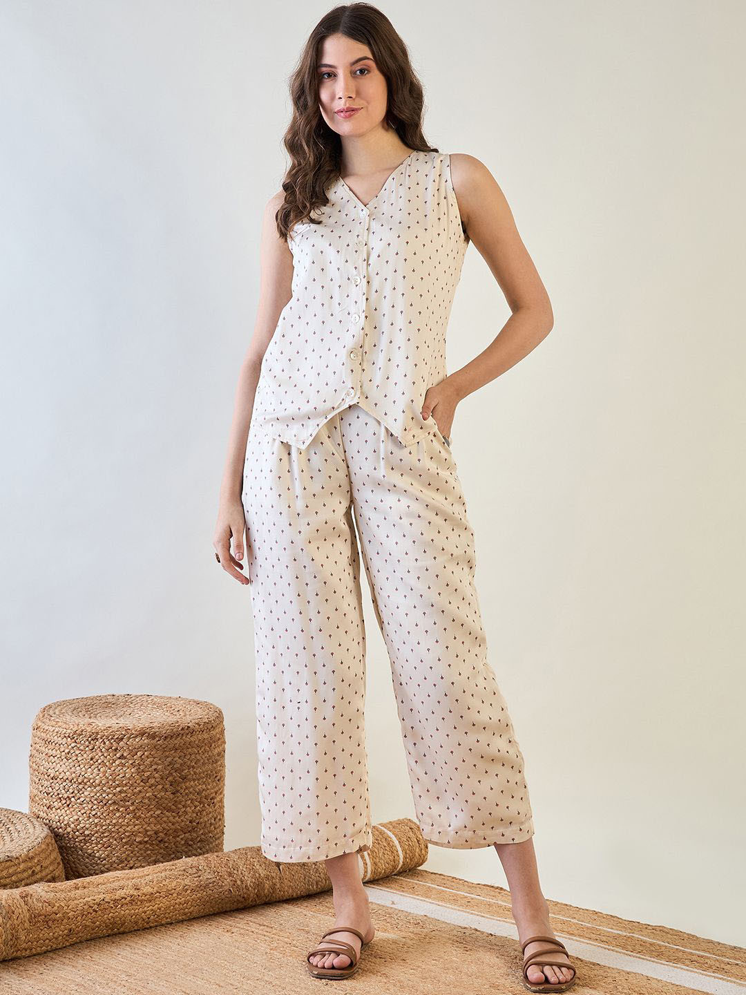 The Kaftan Company Beige and Red Printed Pure Cotton Waistcoat With Trouser Co-Ords