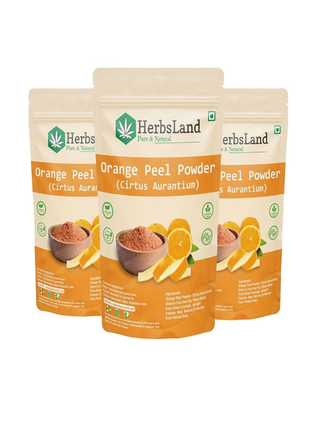 HerbsLand Set Of 3 Orange Peel Powder Face Pack For Skin Brightening - 100 g Each