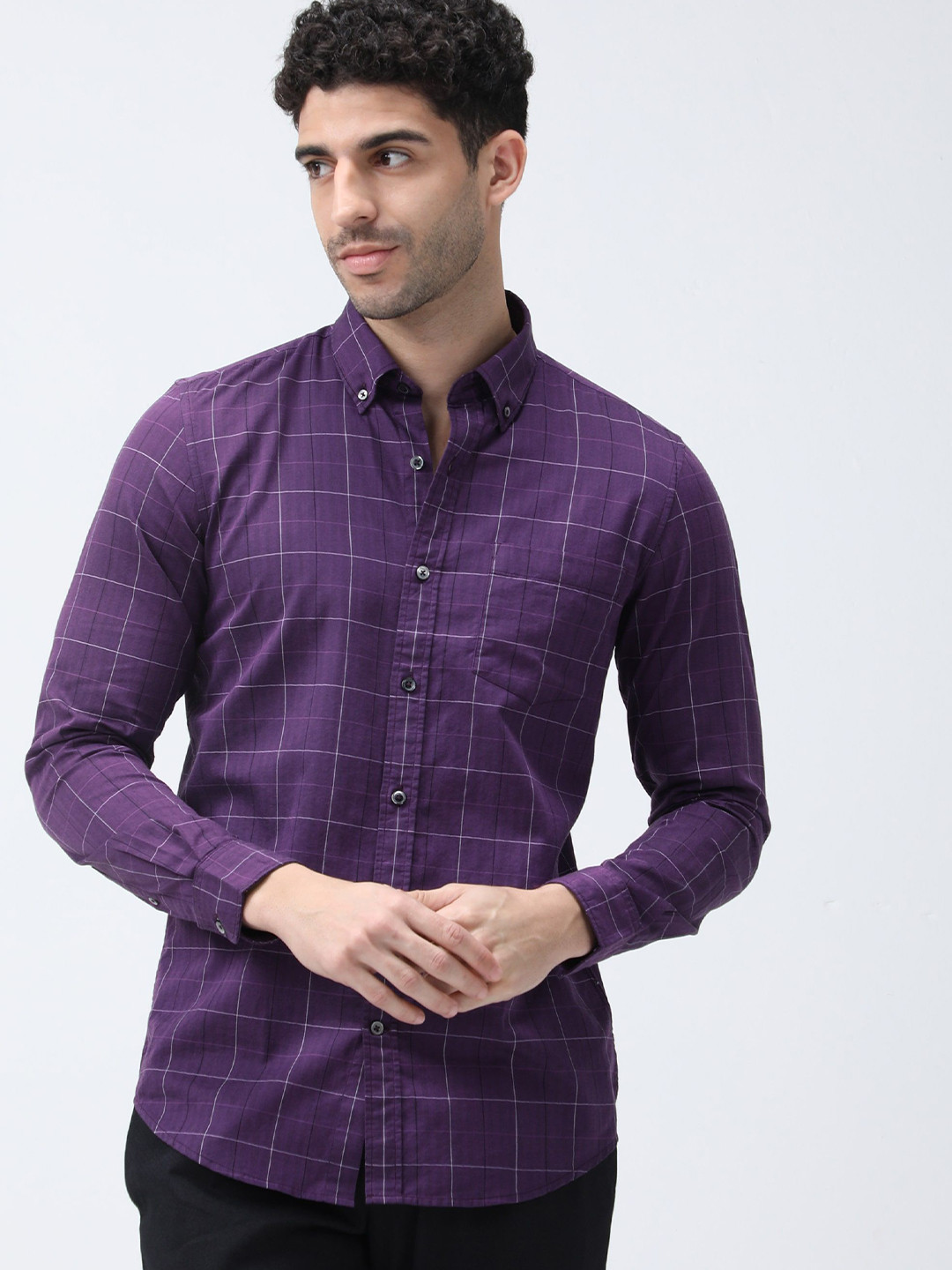 BARE BROWN Men Button-Down Collar Buffalo Checked Cotton Slim Fit Casual Shirt