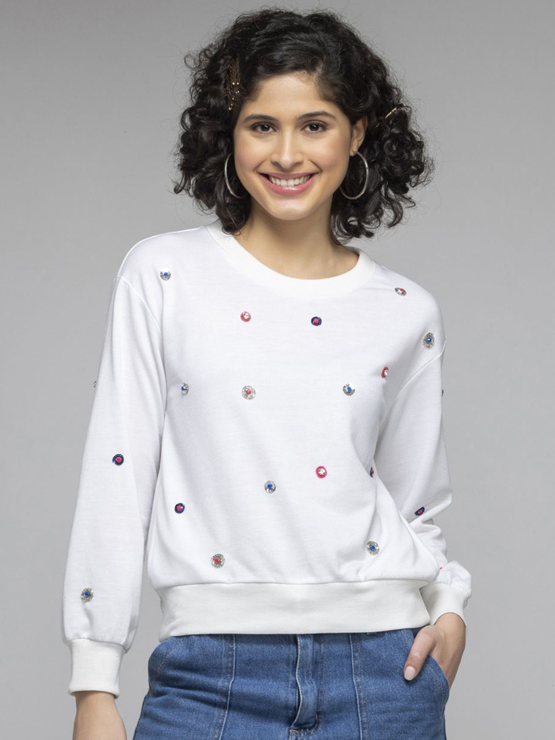 SHAYE Women Embellished Beads & Stones Sweatshirt