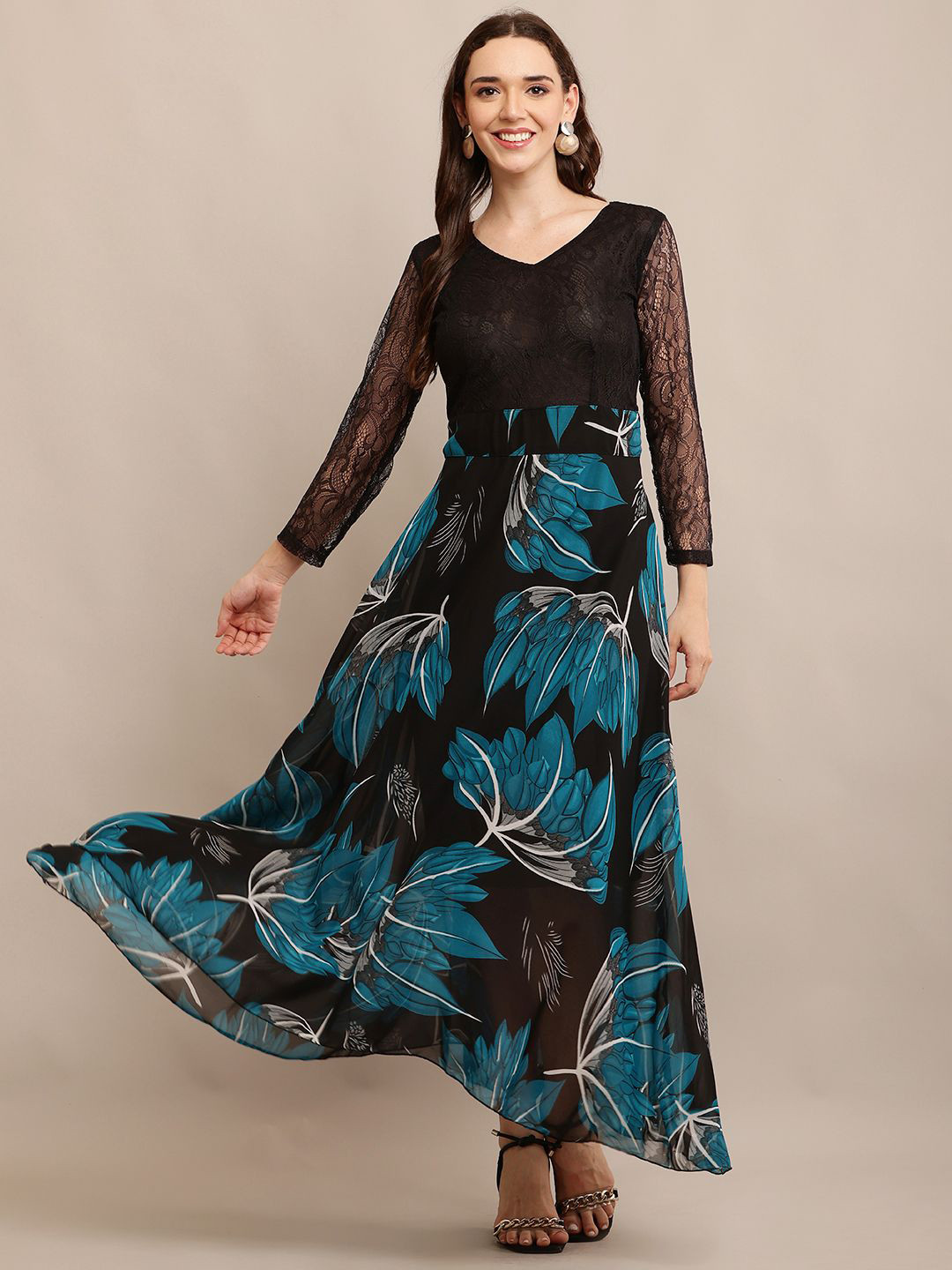 Raabta Fashion Women Tropical Printed V-neck Long Sleeves Maxi Dress
