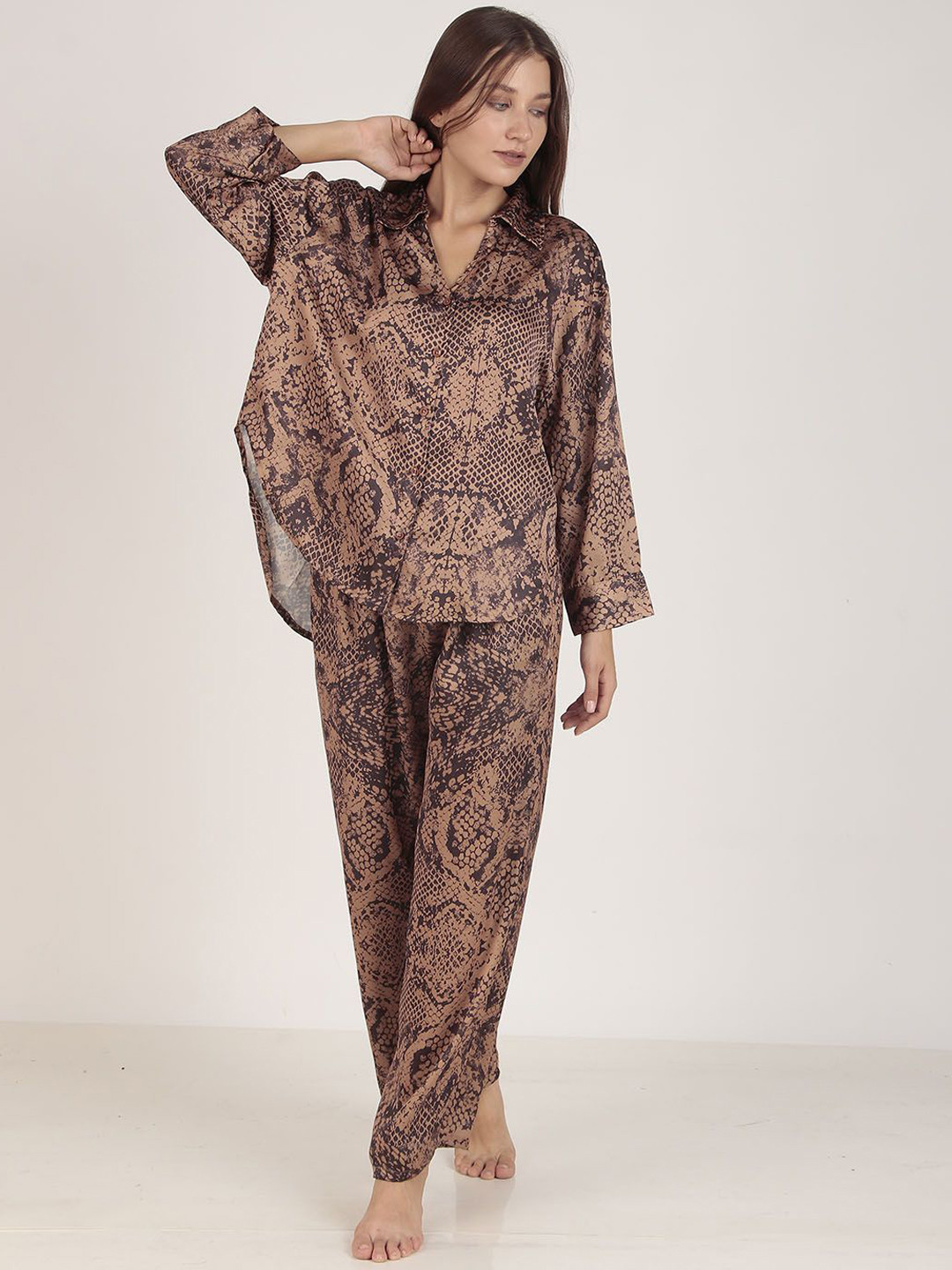 Masha Women Snoozy Snake Oversized Satin Night Suit