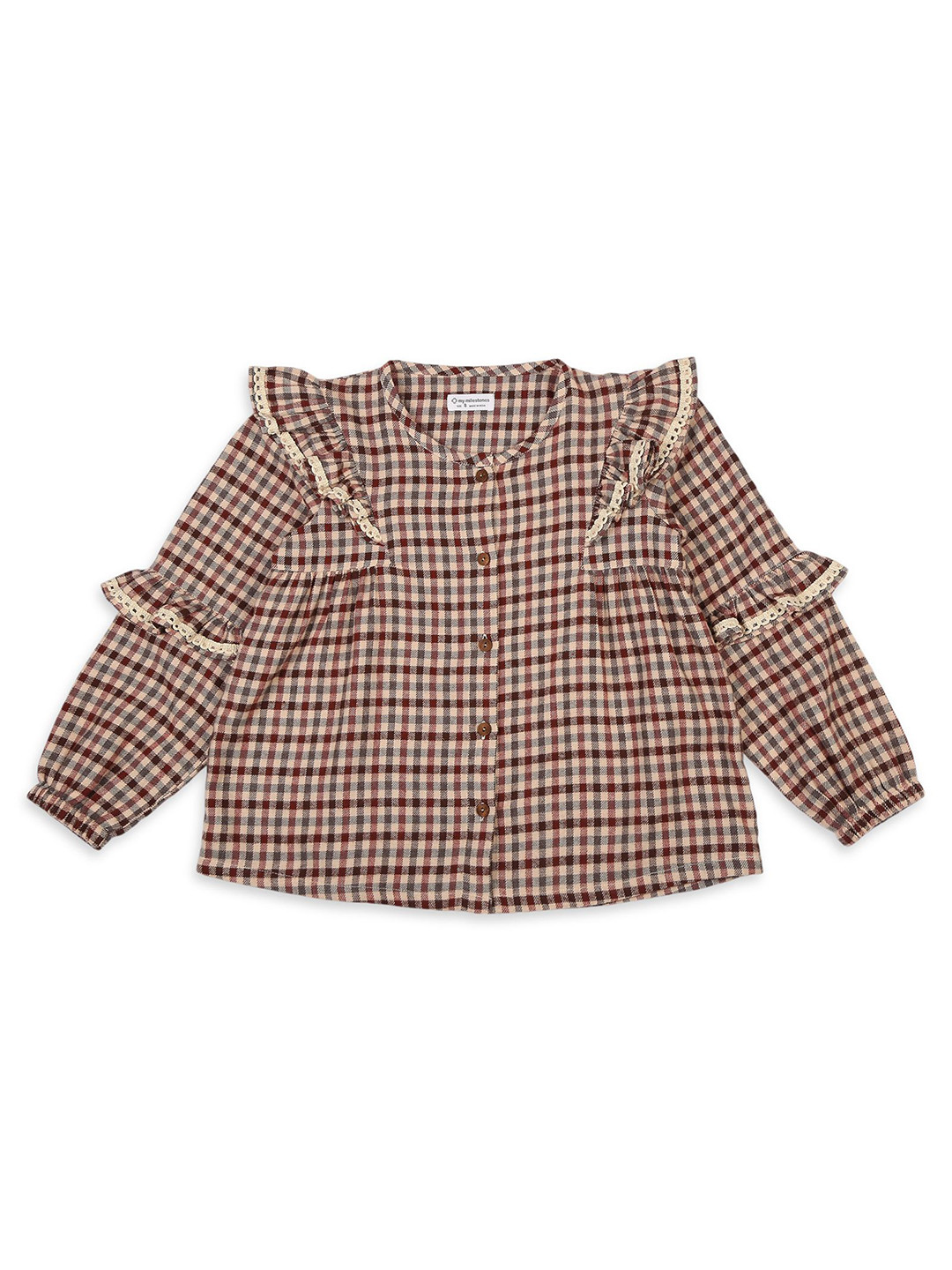 My Milestones Girl's Checked  Long Sleeves Ruffles Top