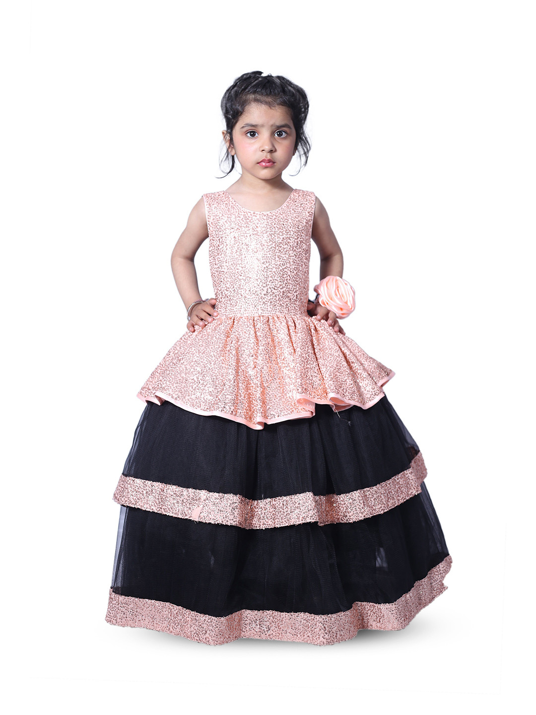 Wish little Girls Pink and Black Round Neck Sleeveless Net A-Line Maxi Dress