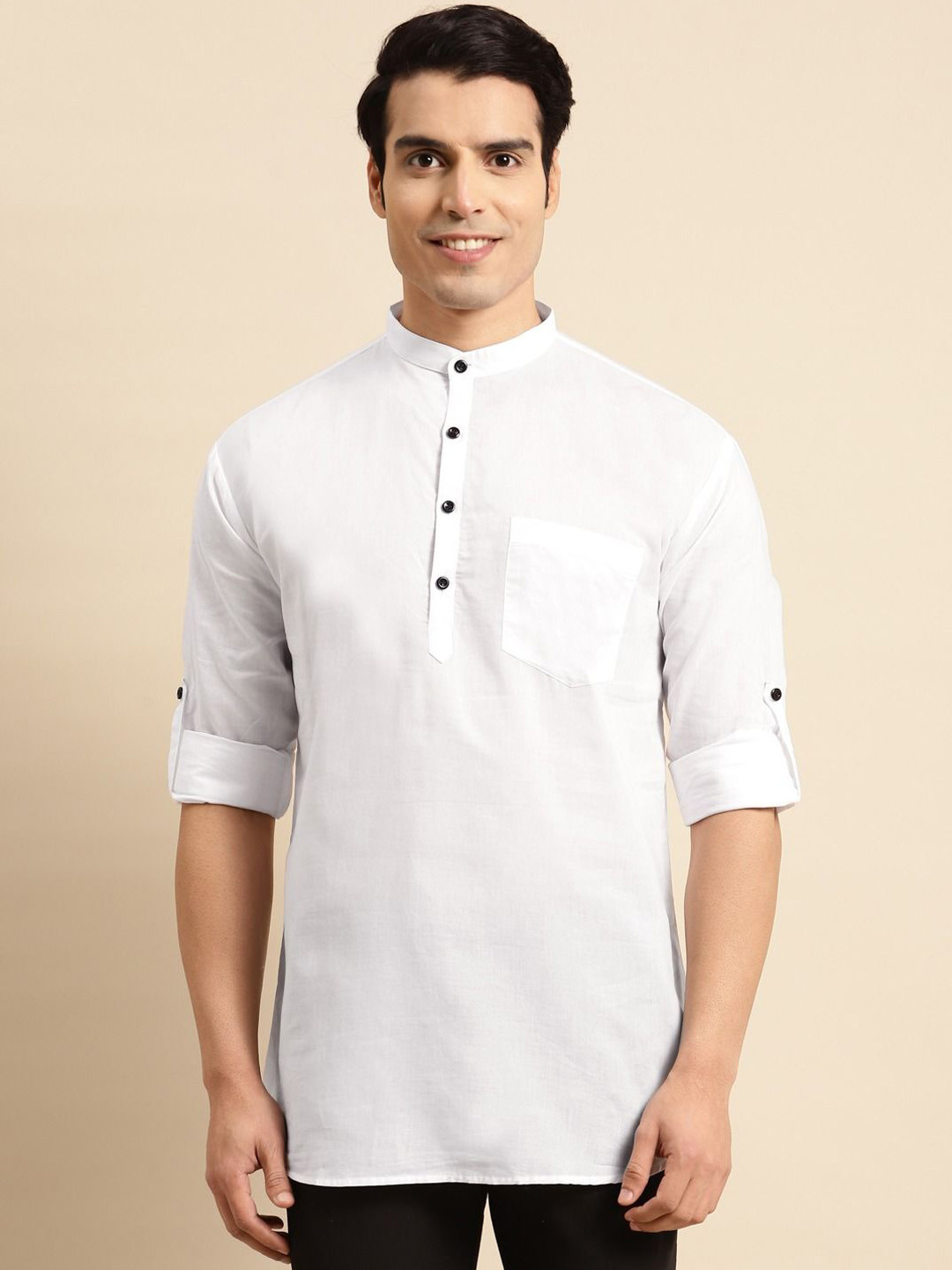 RAJUBHAI HARGOVINDAS Band Collar Cotton Straight Short Kurta