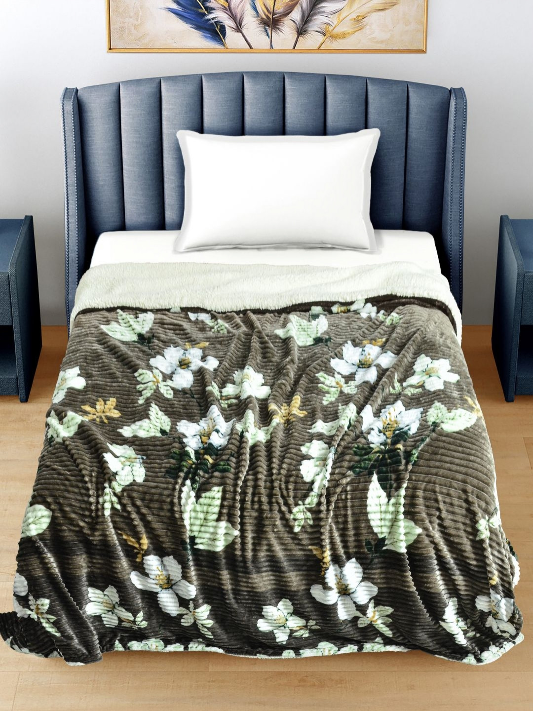 FABINALIV Taupe & Green Floral Woollen Mild Winter 400 GSM Single Bed Comforter