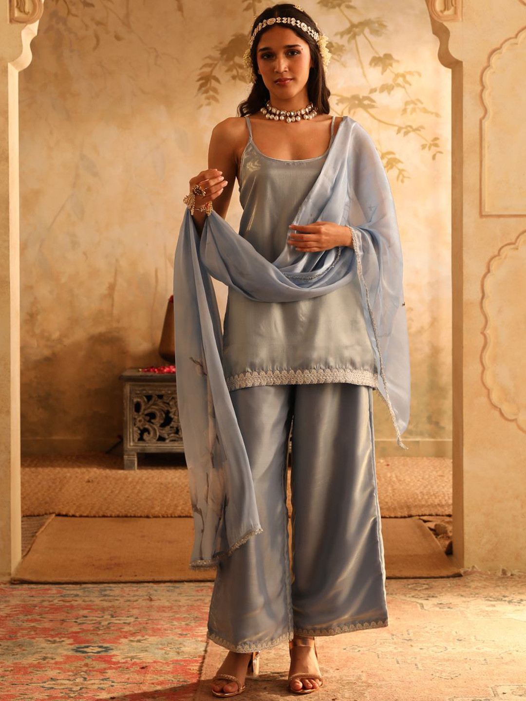Bani Women Embroidered Gotta Patti Pure Silk Kurta with Palazzos & Dupatta Set