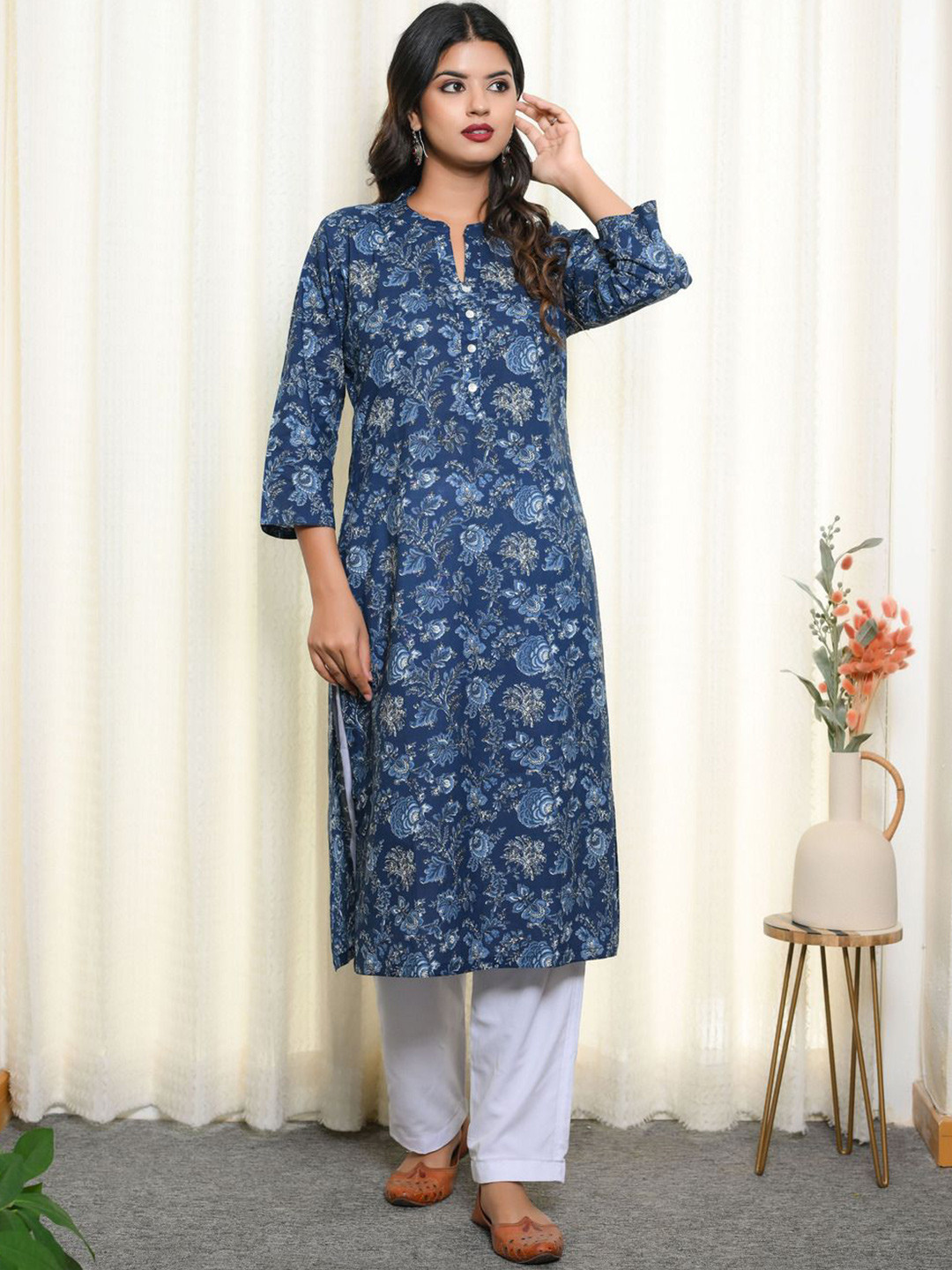 Jaipuriya Fab Private Limited Floral Printed Mandarin Collar Pure Cotton Kurta