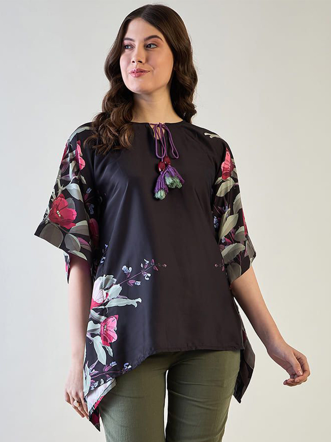 The Kaftan Company Women Floral Printed Short Sleeves Kaftan Top