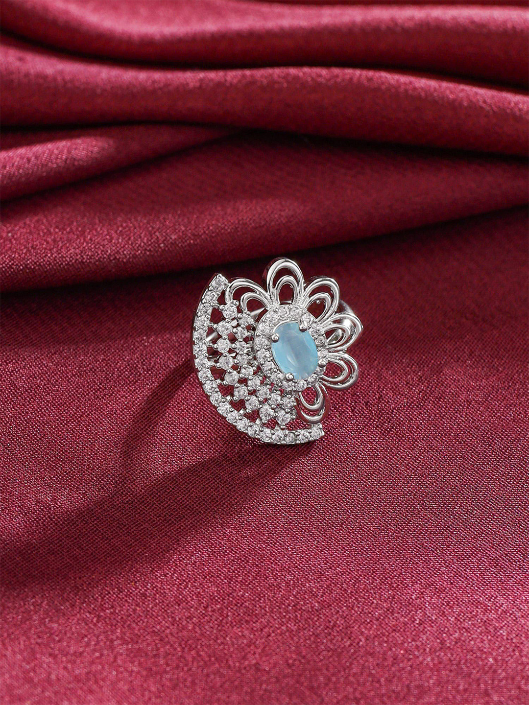Yellow Chimes Rhodium-Plated American Diamond & Crystal Studded Adjustable Finger Ring