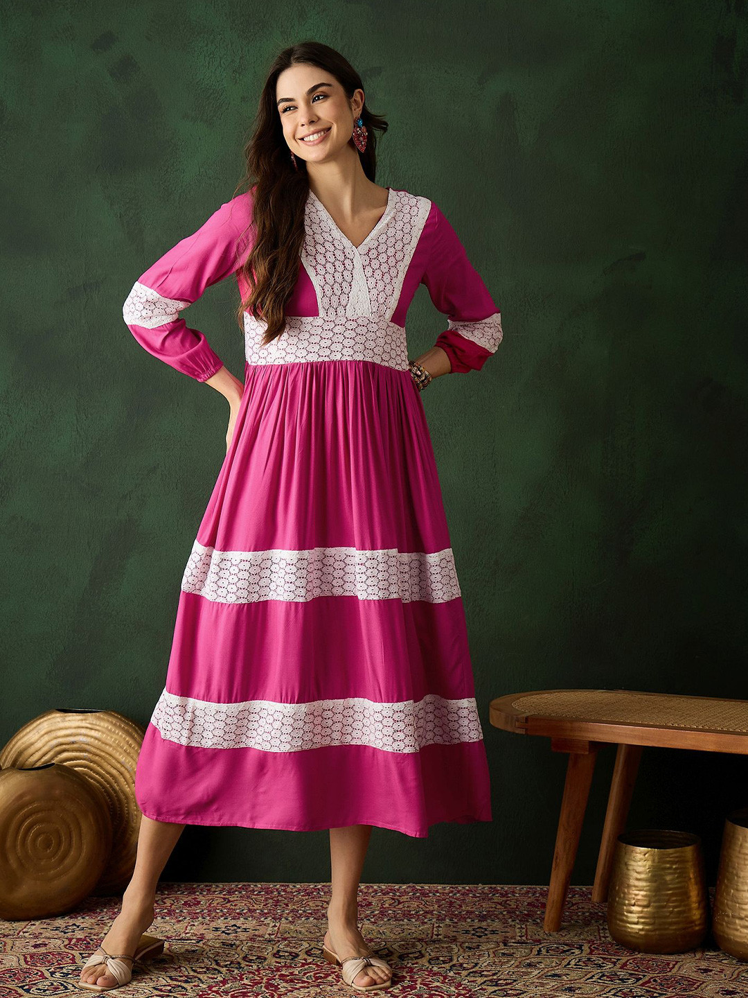 Sangria Women Self Designed Cotton Maxi Dresses