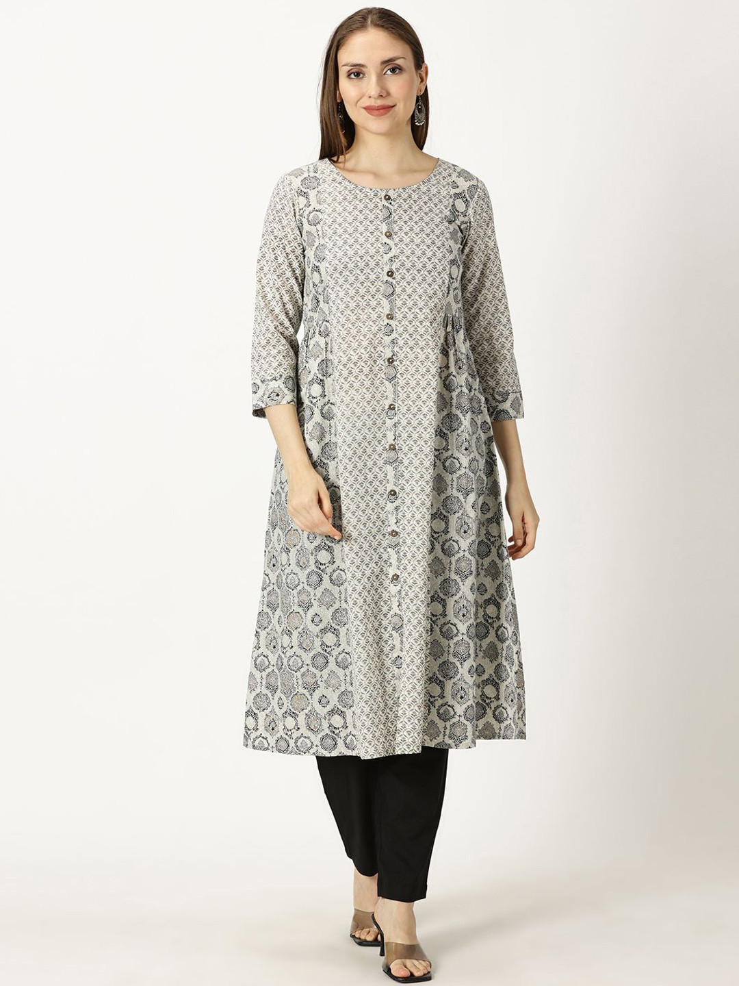 Saffron Threads Floral Printed Round Neck A-Line Panelled Pure Cotton Kurta