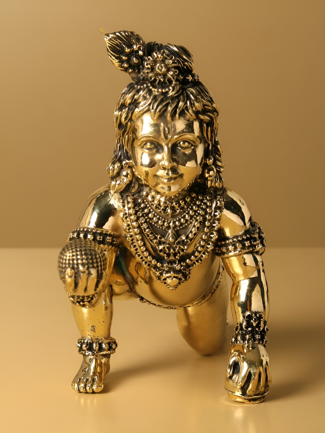 Exotic India Superfine Laddu Gopal Gold Brass Metallic Prayer Room Small Showpiece - 6.3 Inches