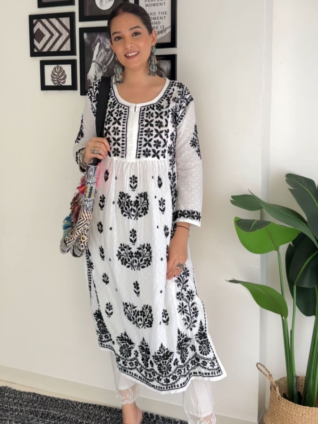 Aaina by Yashika Floral Embroidered Chikankari Dobby Weave Cotton A-Line Kurta