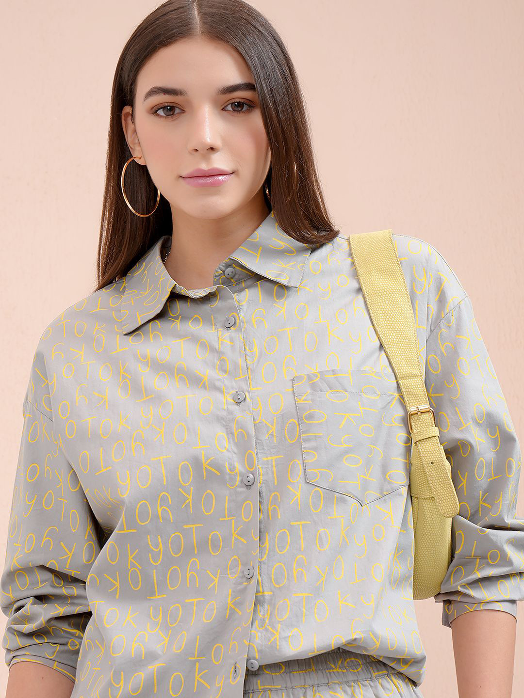 Tokyo Talkies Women Printed Button Down Full Slleve Oversized Shirt
