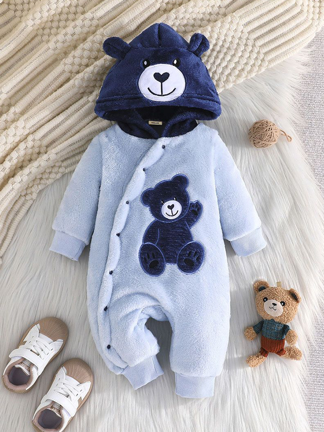 INCLUD Girls Blue Printed Hooded Rompers