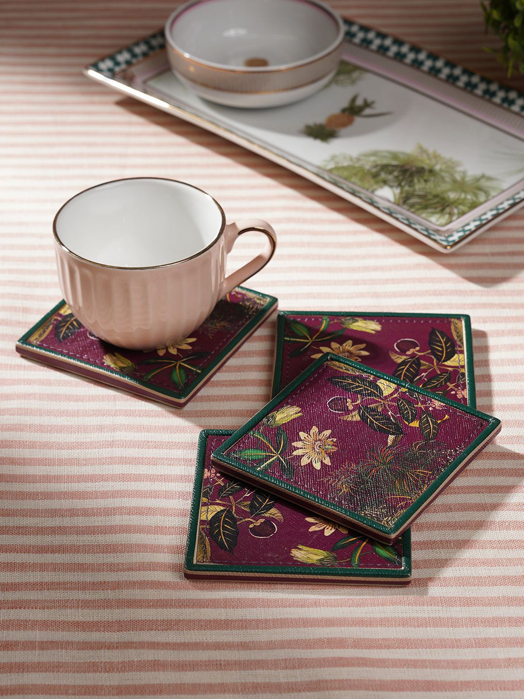 Pure Home and Living Purple & Green 4 Pieces Solano Printed Square Coasters
