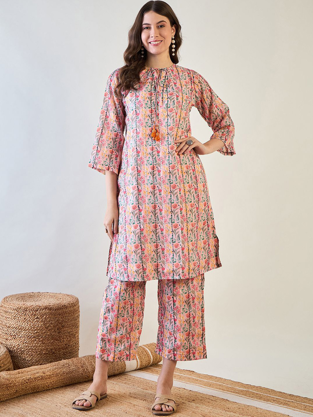 The Kaftan Company Pink and Green Pure Cotton Printed Tunic With Trousers Co-Ords