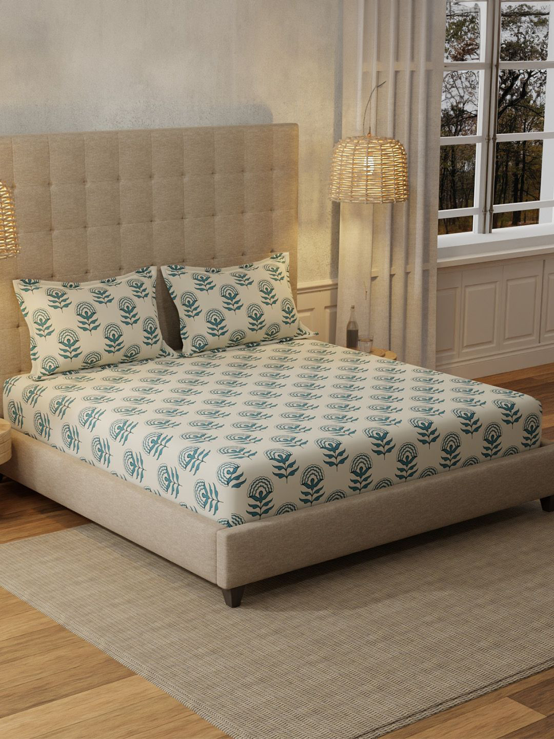 URBAN SPACE Grey Floral Cotton 200 TC Fitted King Superfine Bedsheet with 2 Pillow Covers-72 x 78 inches