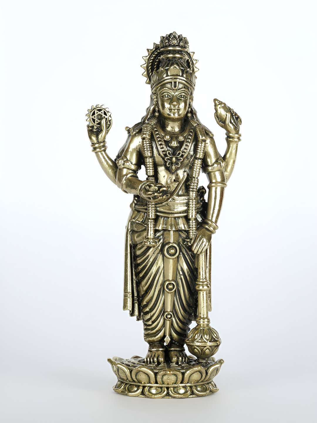 Exotic India Lord Vishnu Standing on Lotus Gold Brass Metallic Prayer Room Small Showpiece - 5 Inches