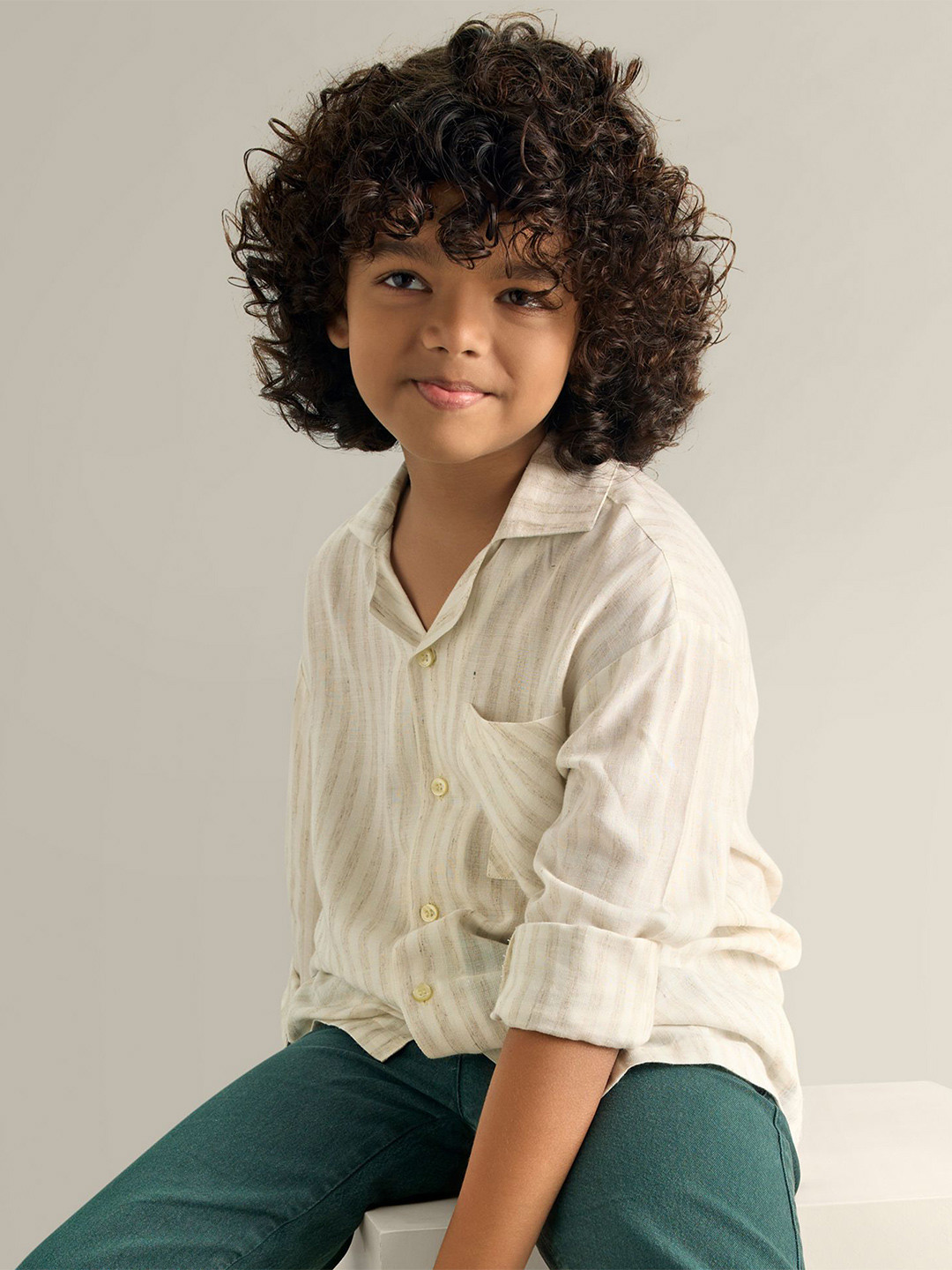 My Milestones Boys Comfort Cuban Collar Vertical Striped Cotton Casual Shirt