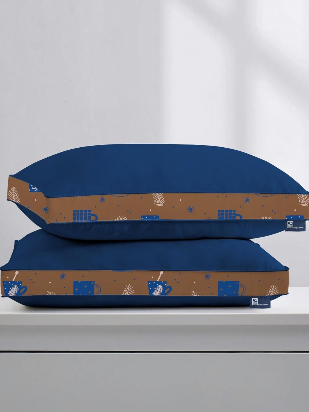 THE WOOD WHITE Blue Abstract Polycotton Breathable Set of 2 Medium Fibre Sleep Pillow-15 x 68 x 43 cm