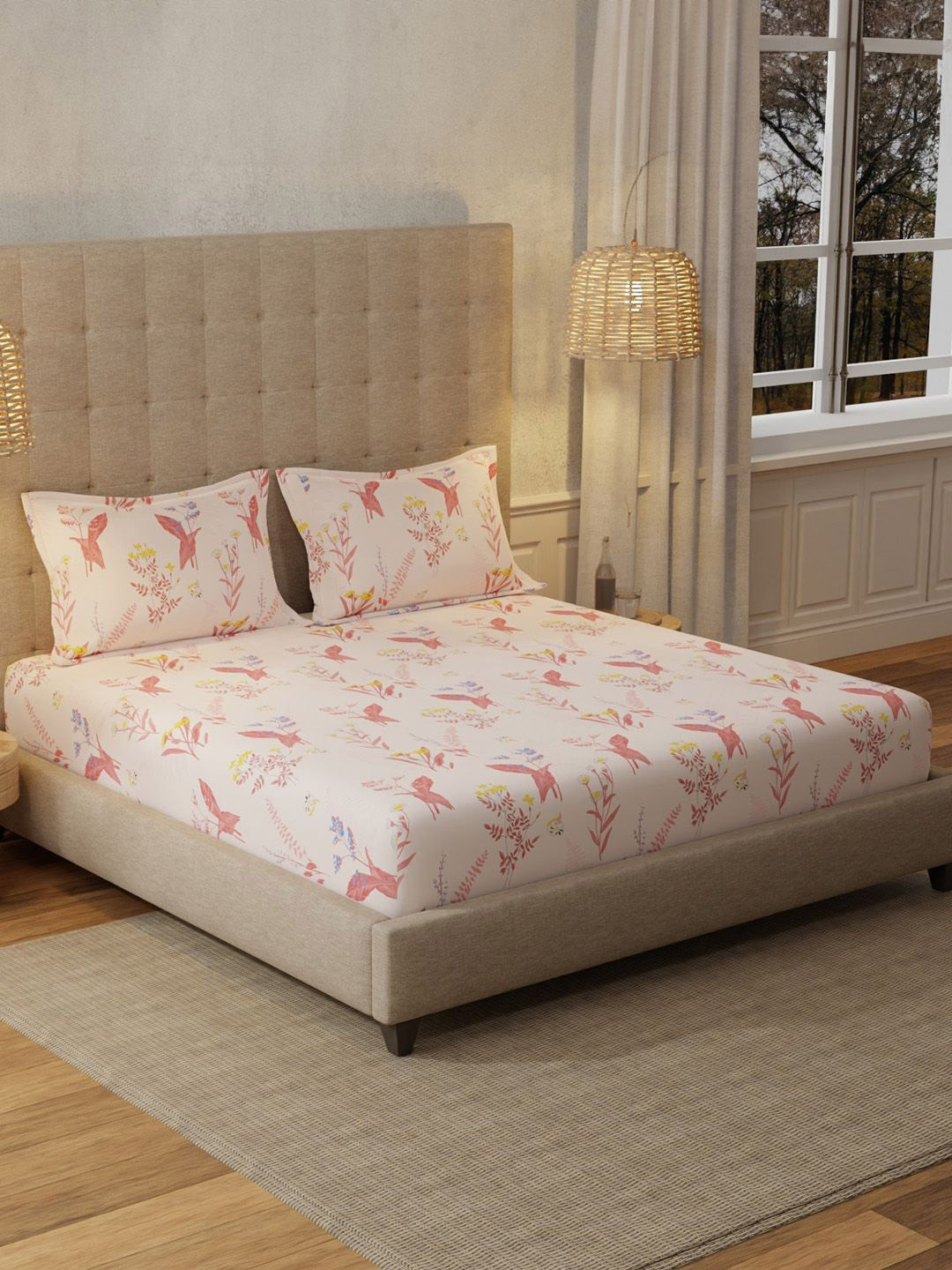 URBAN SPACE Whisper Peach Floral Cotton 200 TC Fitted King Superfine Bedsheet with 2 Pillow Covers-108 x 108 inches