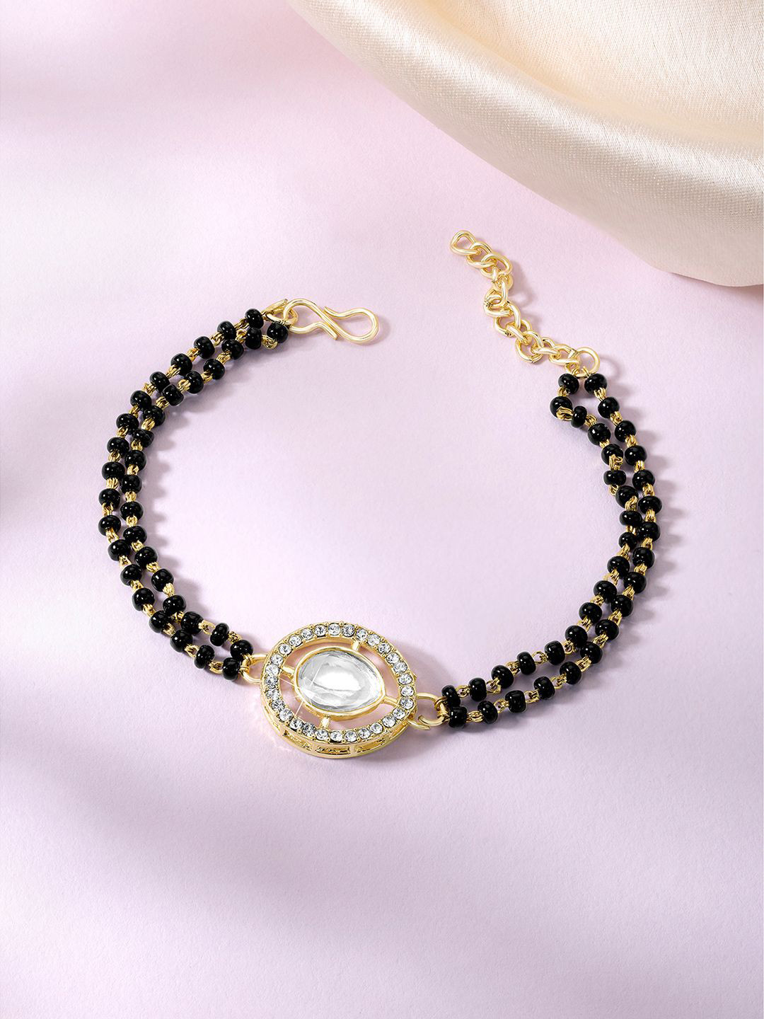 Peora Gold-Plated Cubic Zirconia Stone Studded & Beaded Wraparound Bracelet