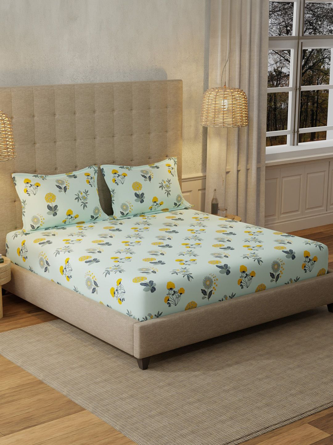 URBAN SPACE Radiance Sea Green Floral Cotton 200 TC Fitted King Fine Bedsheet with 2 Pillow Covers-75 x 78 inches