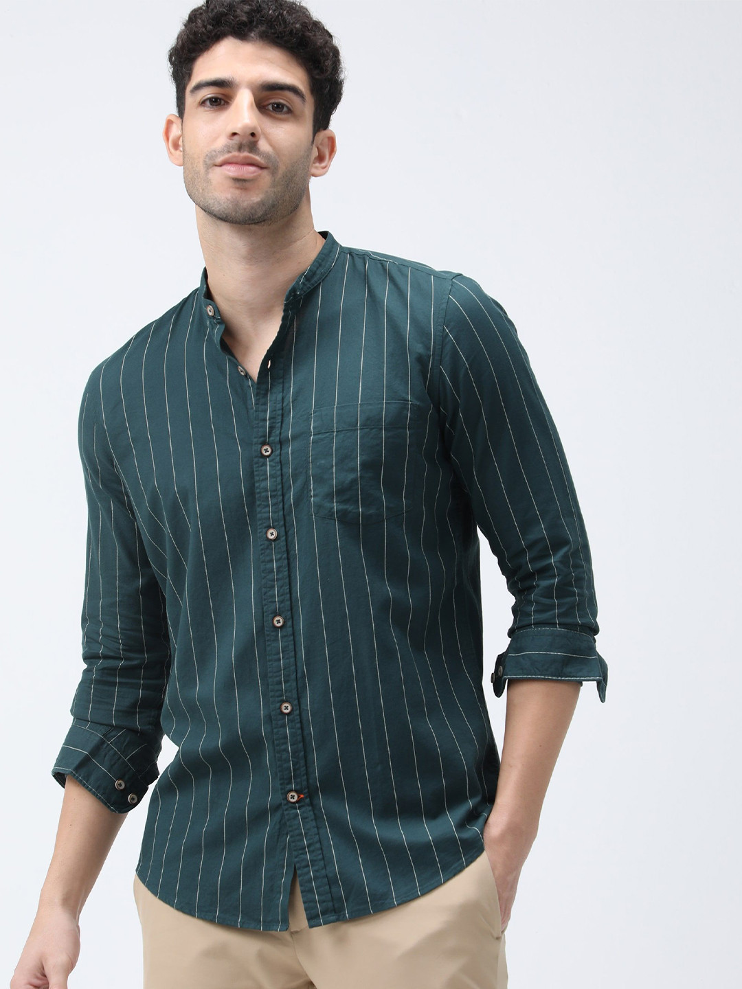 BARE BROWN Men Band Collar Vertical Striped Cotton Casual Shirt