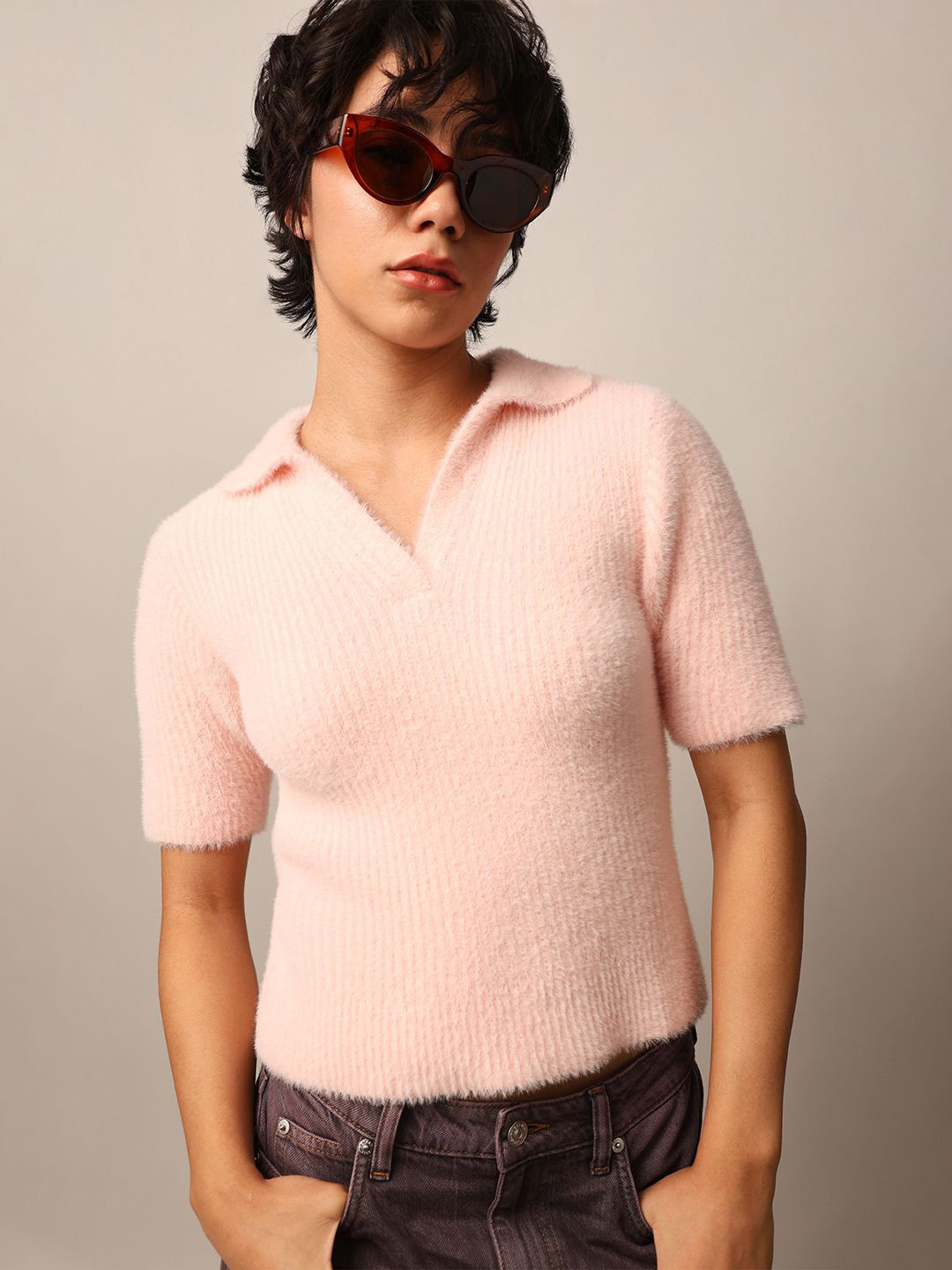 ONLY Women Pink Shirt Collar Short Sleeves Casual Top