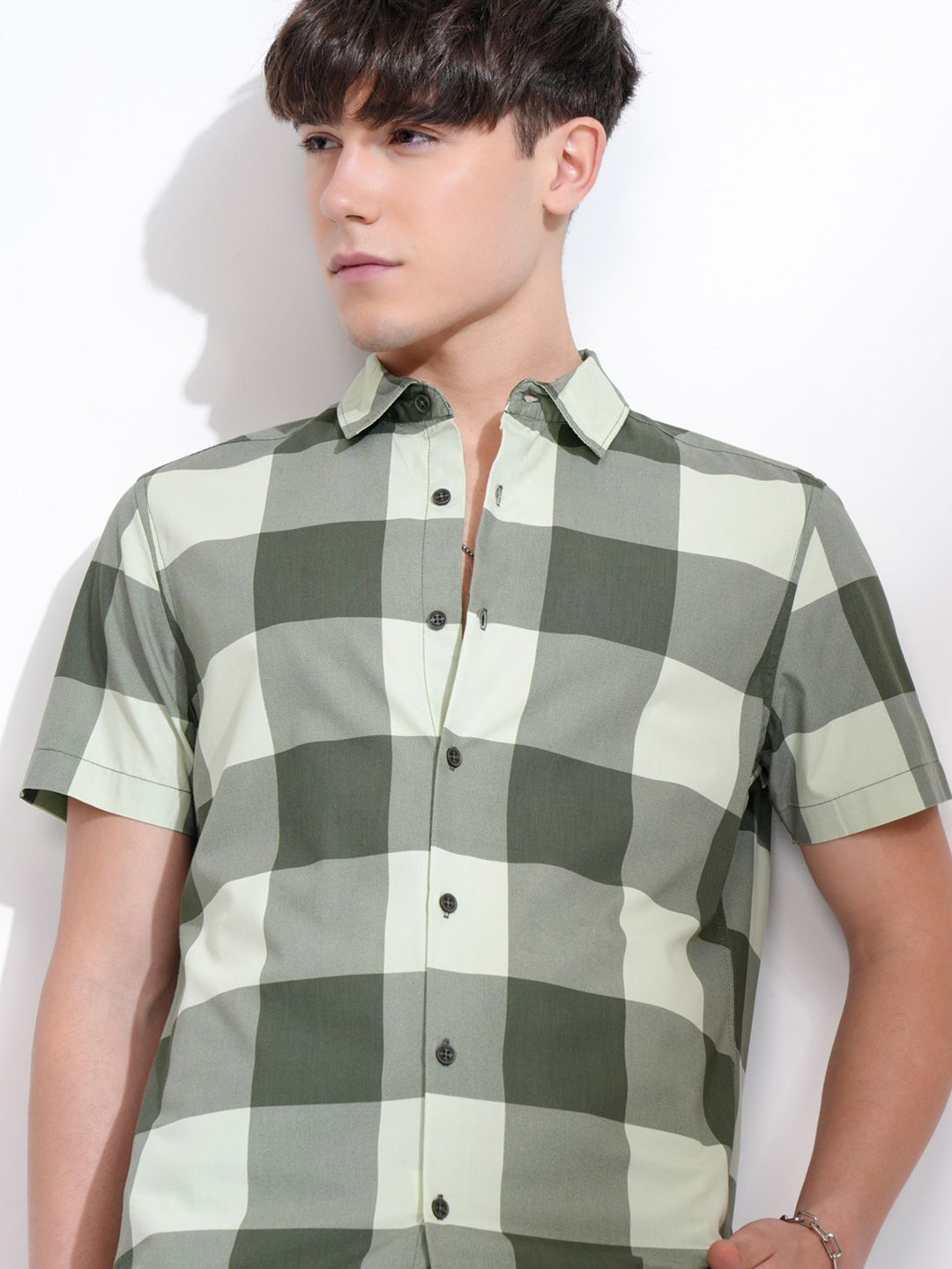Highlander Men Mint Olive Printed Checked Casual Shirt