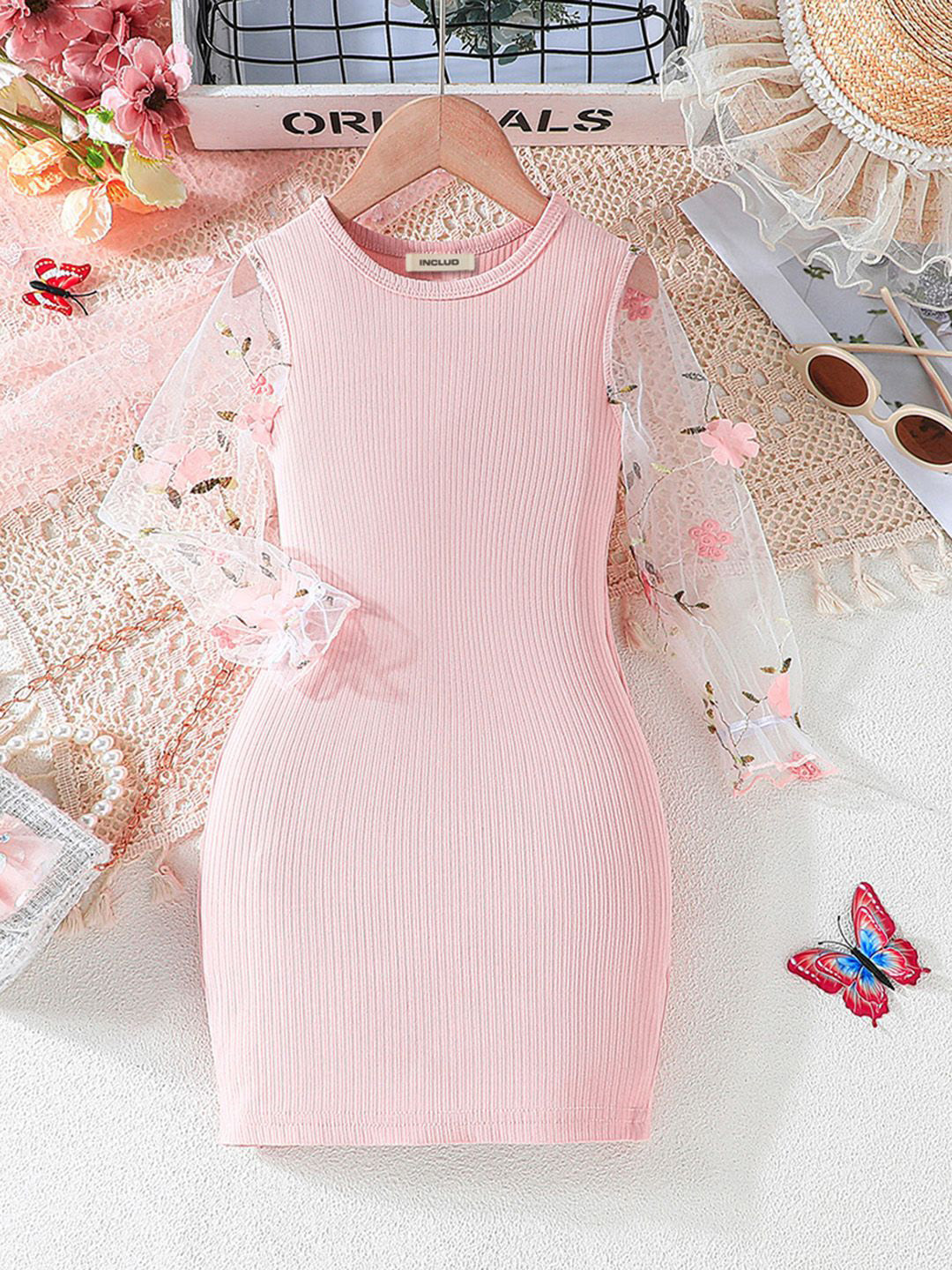 INCLUD Girls Pink Self Design Round Neck Cuffed Sleeve Knitted Puff Sleeves Bodycon Midi Dress